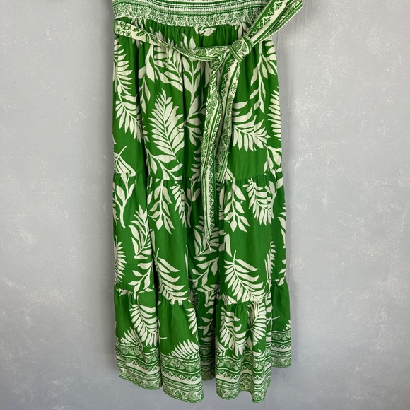 Aura maxi dress size M square neck puff sleeve Kelly green leaf print cotton - Picture 4 of 12